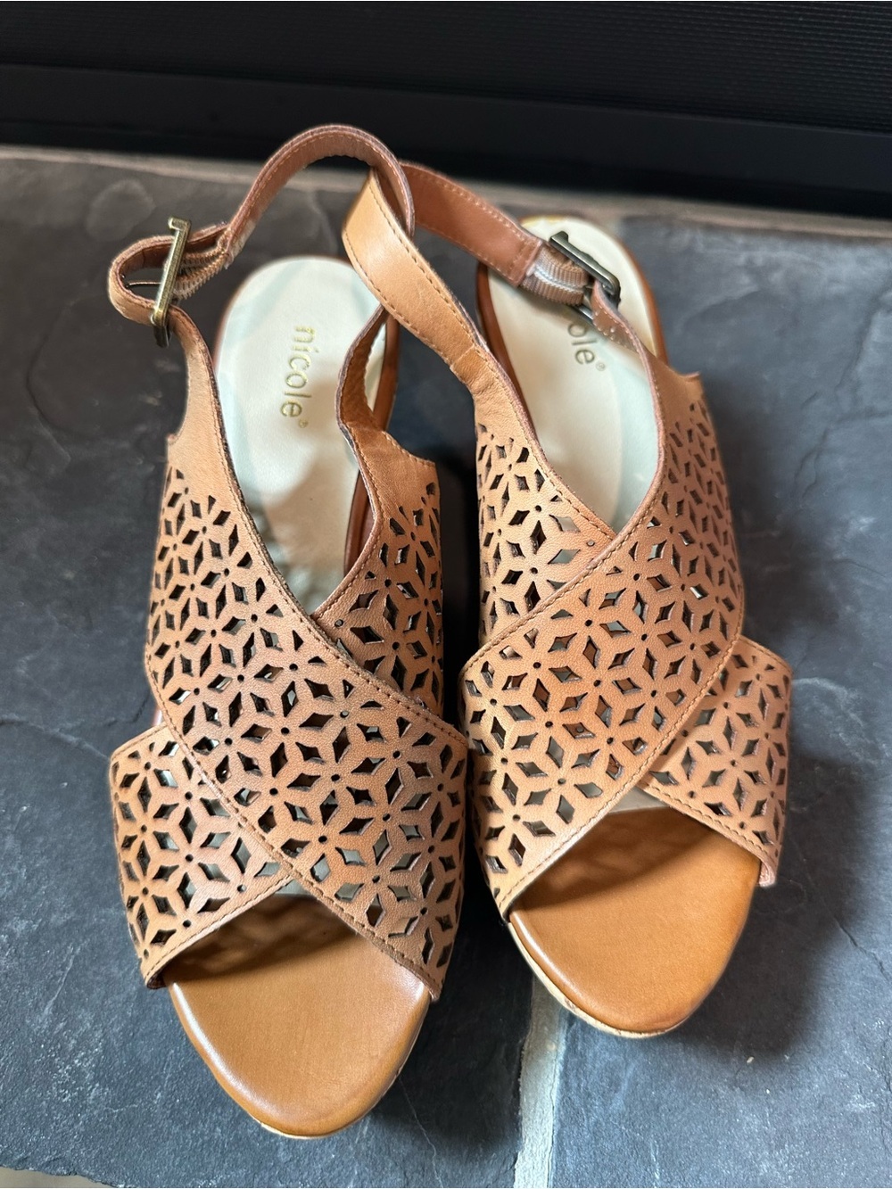 Nicole Party Laser Cut Cork Wedge Sandals Tan Leather Boho Size 7.5 - Picture 4 of 7